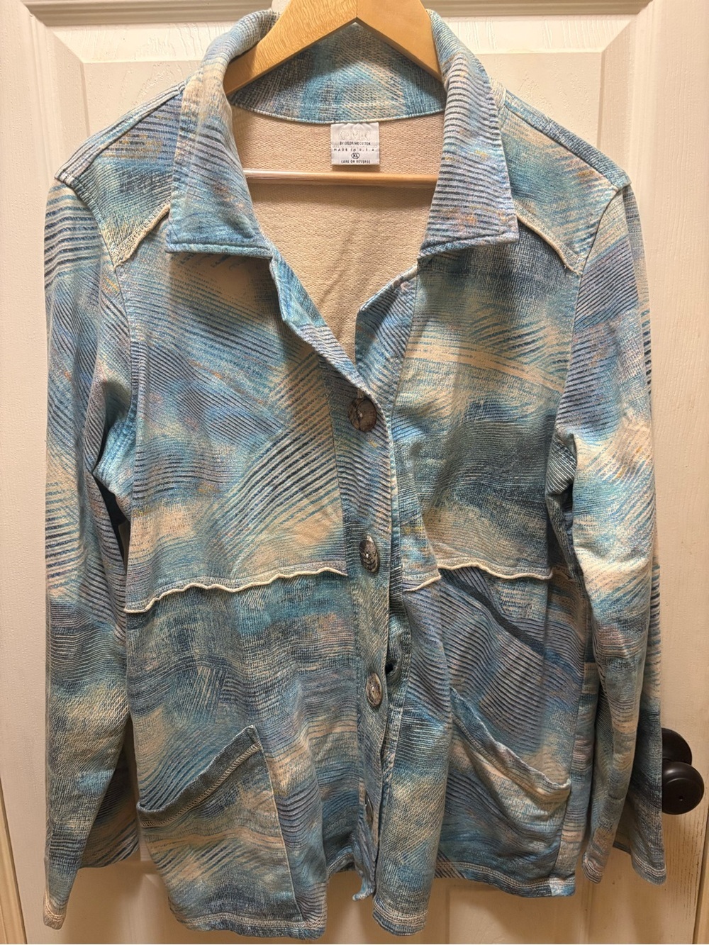 C.M.C. Color Me Cotton XL Blue Abstract Knit Jacket Shacket Cotton Stretch Art